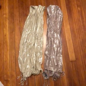 Two sparkly scarves, one lavender, one taupe